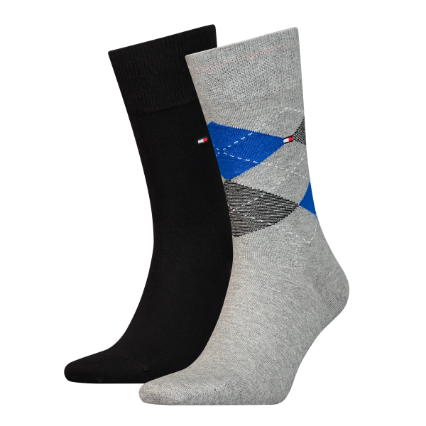 2 Paar Hilfiger Business Herrensocken Karo/Uni - Blue/Grey - Größe 43/46