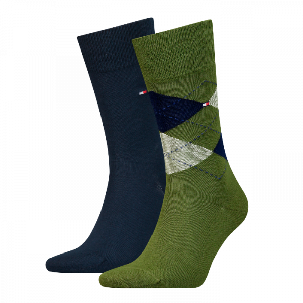 2 Paar Hilfiger Business Herrensocken Karo/Uni - Army/Navy - Größe 43/46