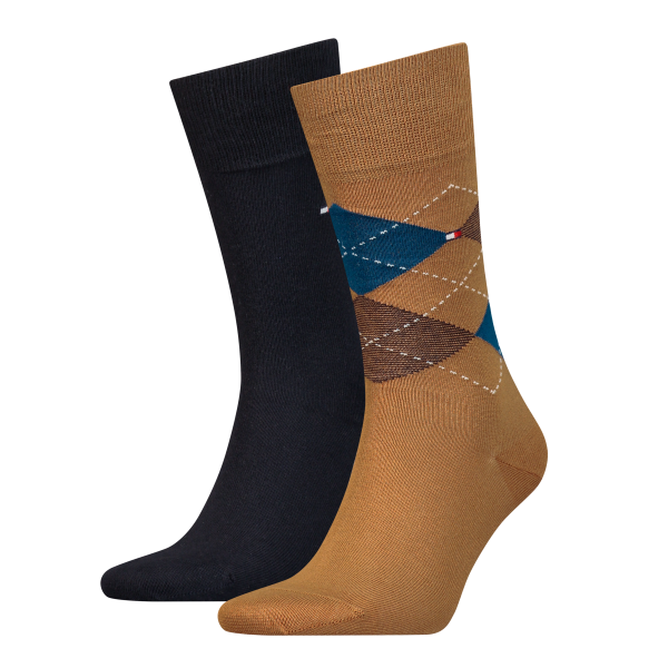 2 Paar Hilfiger Business Herrensocken - Karo/Uni - Khaki/Navy - Größe 43/46