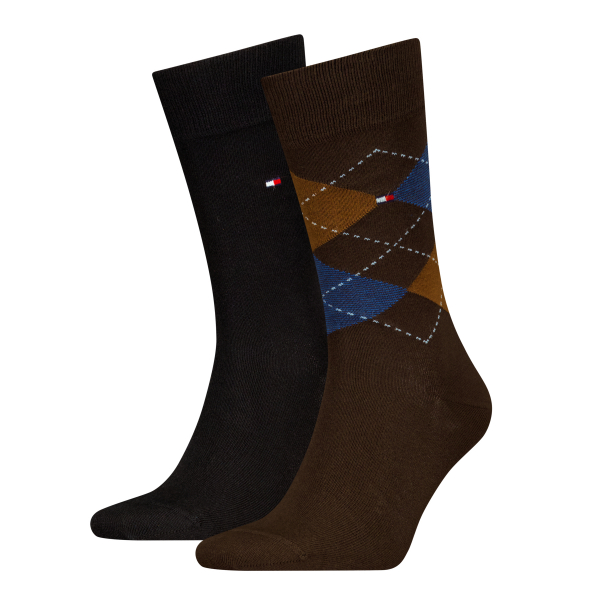 2 Paar Tommy Hilfiger Herrensocken Karo/Uni - FX Brown - Größe 39/42