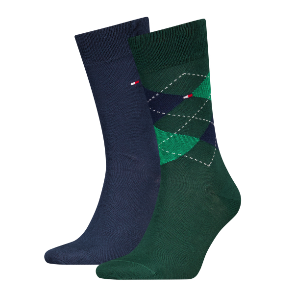 2 Paar Tommy Hilfiger Herrensocken Karo/Uni - FX Grün - Größe 43/46