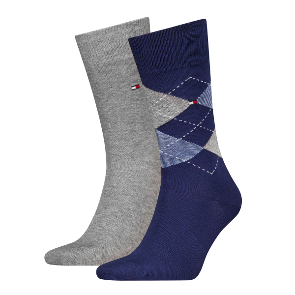 2 Paar Hilfiger Business Herrensocken Karo/Uni - FX Blau - Größe 43/46