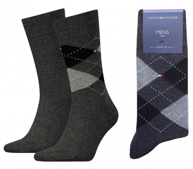2 Paar Tommy Hilfiger Herrensocken Karo/Uni Graumelange Größe 43/46