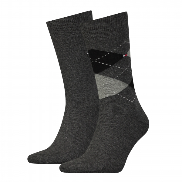 2 Paar Hilfiger Business Herrensocken Karo/Uni Graumelange Größe 43/46