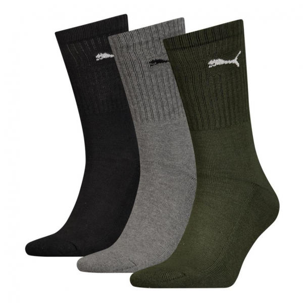3 Paar Puma Tennissocken - Klassik Crew Form (Normallang) - Farbset: Oliv/Grau/Schwarz
