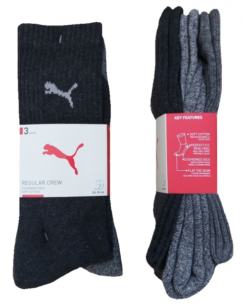3 Paar Puma Tennissocken - Klassik Crew Form (Normallang) - Farbset: Mix Grautöne