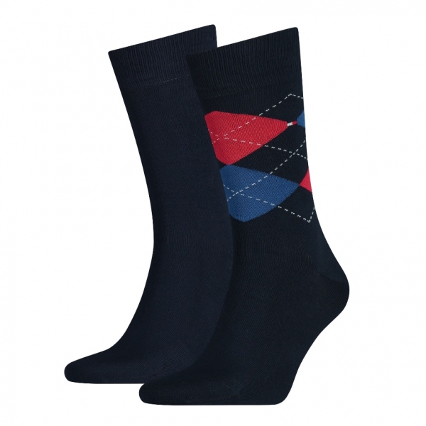 2 Paar Hilfiger Business Herrensocken Karo/Uni Navy/Rot - Größe 43/46