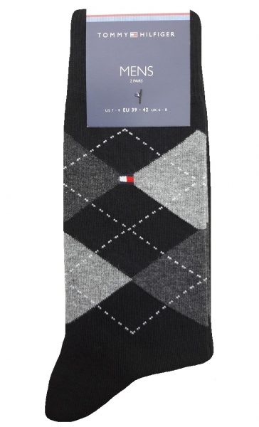2 Paar Tommy Hilfiger Herrensocken Karo/Uni Schwarz - Größe 43/46