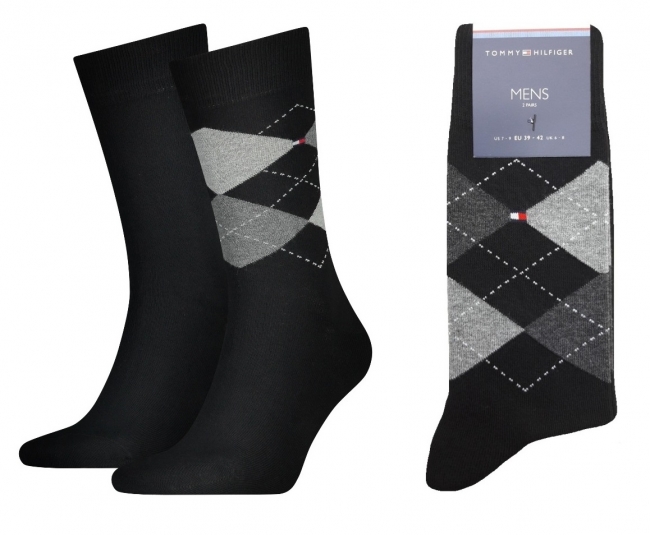 2 Paar Tommy Hilfiger Herrensocken Karo/Uni Schwarz - Größe 43/46