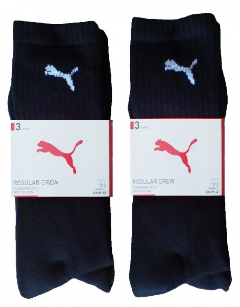 3 Paar Puma Tennissocken - Klassik Crew Form (Normallang) - Farbset: Uni Schwarz