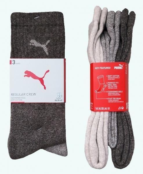 3 Paar Puma Tennissocken - Klassik Crew Form (Normallang) - Farbset: Mix Beige/Brauntöne