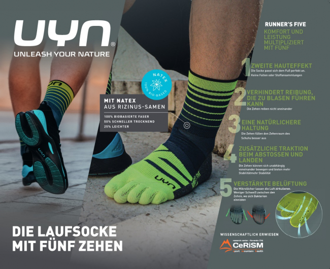Herren UYN - Runners Five - 5 Zehen Laufsocke - Quarter 1/4 Schaftform - Schwarz