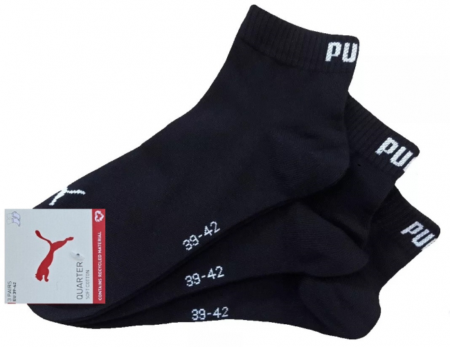 3 Paar Puma Baumwoll Klassik Quarter - Farbset: Uni Schwarz