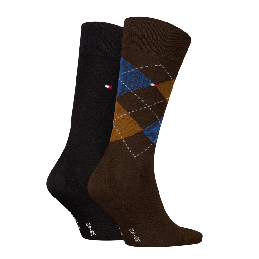 2 Paar Tommy Hilfiger Herrensocken Karo/Uni - FX Brown - Größe 39/42