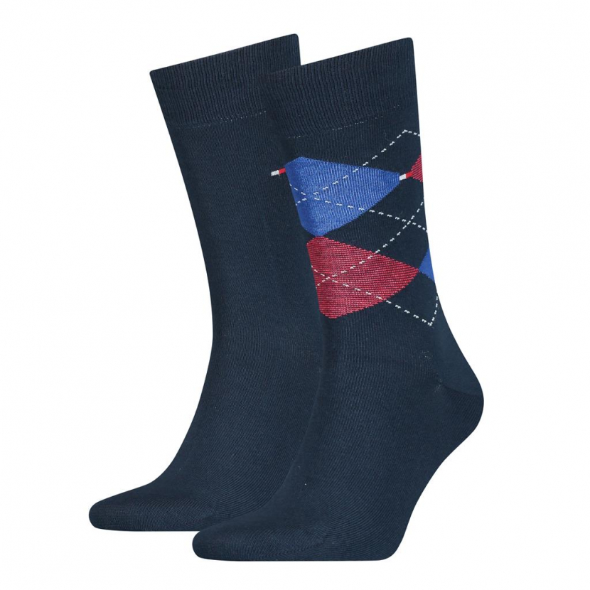 2 Paar Tommy Hilfiger Herrensocken Karo/Uni Rot - Größe 47/49