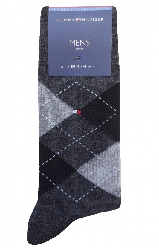 2 Paar Tommy Hilfiger Herrensocken Karo/Uni Graumelange Größe 39/42