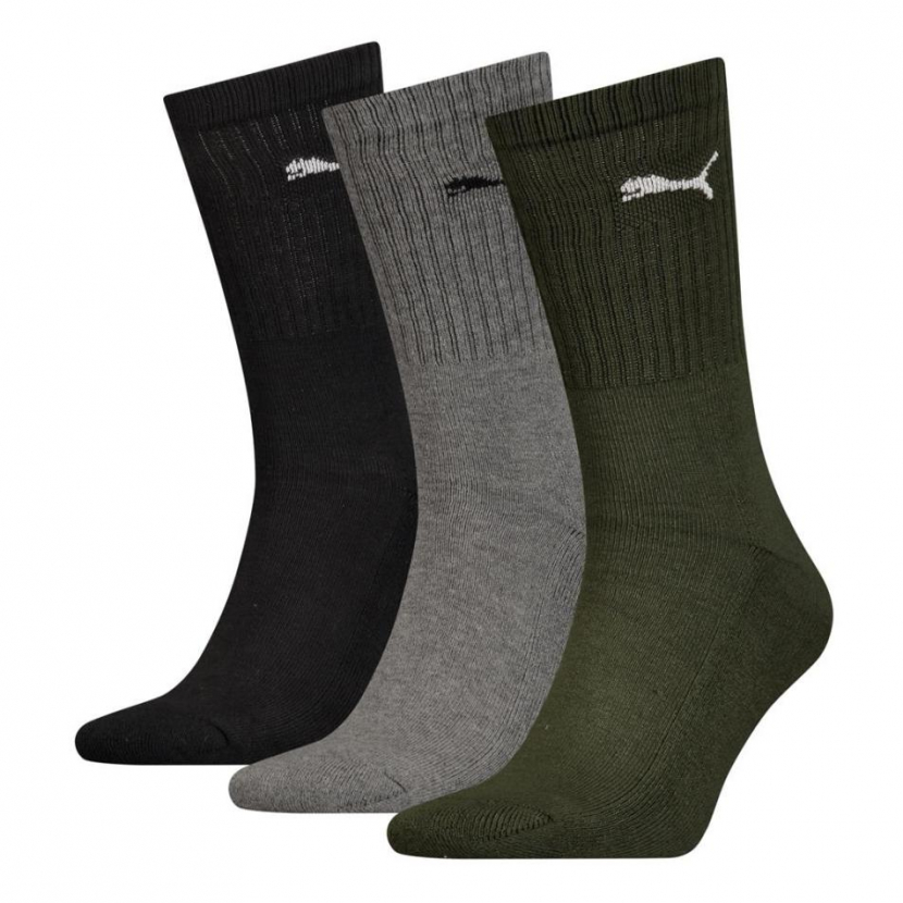 3 Paar Puma Tennissocken - Klassik Crew Form (Normallang) - Farbset: Oliv/Grau/Schwarz