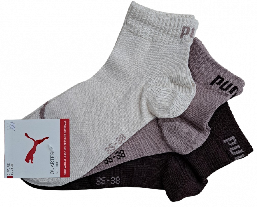 3 Paar Puma Baumwoll Klassik Quarter - Farbset: Mix Braun/Beigetöne