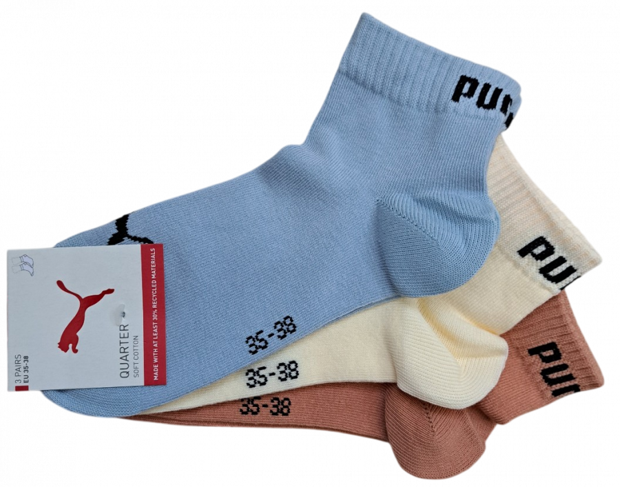3 Paar Puma Baumwoll Klassik Quarter - Farbset: Mix Blue/Yellow/Cinnabar