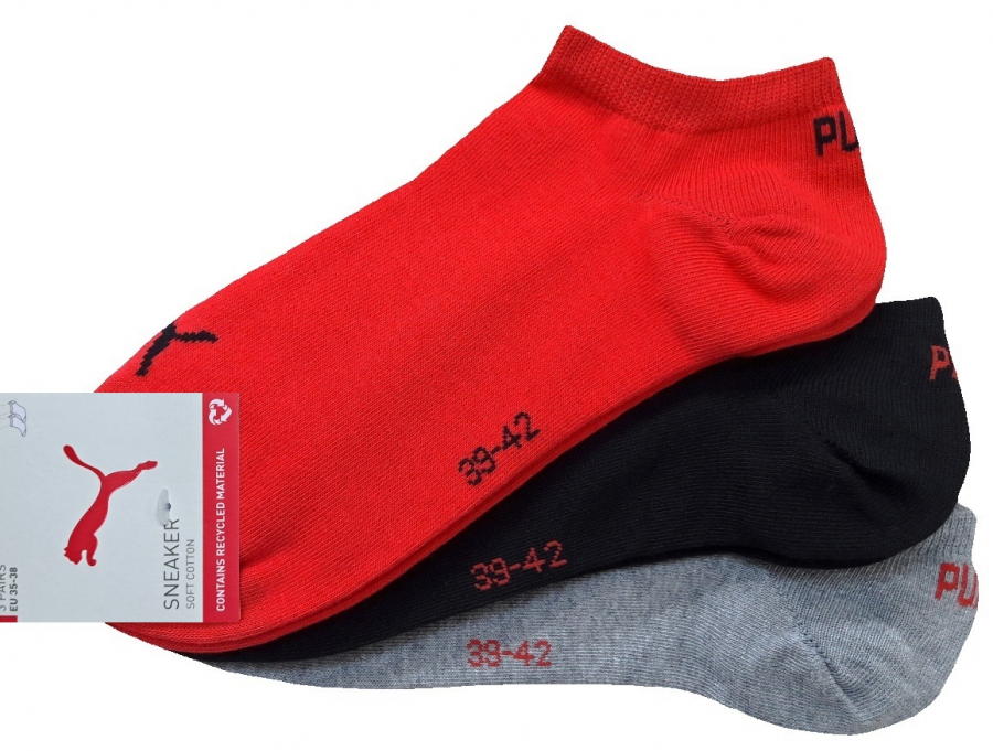 3 Paar Puma Basic Unisex Sneaker Füßlinge - Farbset: Mix mit Rot