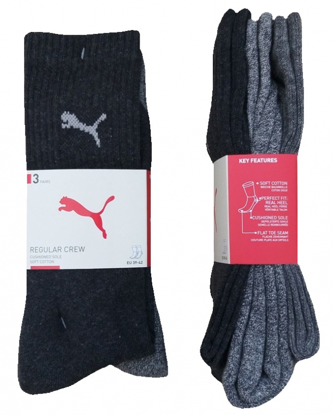3 Paar Puma Tennissocken - Klassik Crew Form (Normallang) - Farbset: Mix Grautöne
