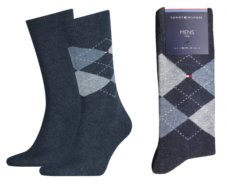 2 Paar Hilfiger Business Herrensocken Karo/Uni Jeansmelange Größe 39/42