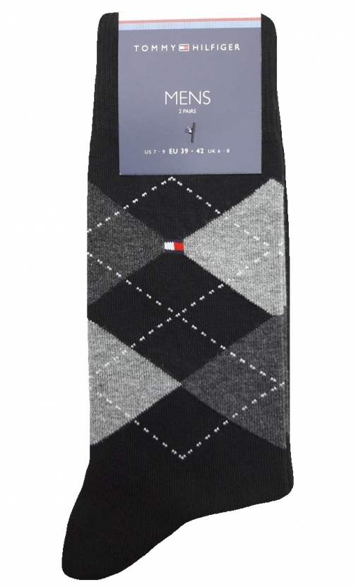 2 Paar Tommy Hilfiger Herrensocken Karo/Uni Schwarz - Größe 43/46