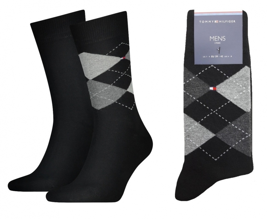 2 Paar Tommy Hilfiger Herrensocken Karo/Uni Schwarz - Größe 43/46