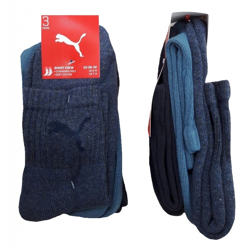 3 Paar Puma Sportsocken Kurzschaftform Farbset - Jeansmix - Größe 39/42