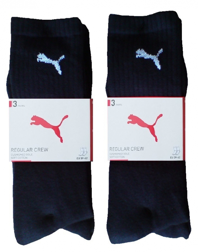 3 Paar Puma Tennissocken - Klassik Crew Form (Normallang) - Farbset: Uni Schwarz