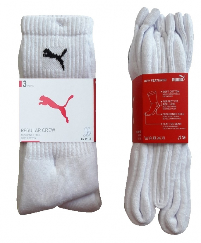 3 Paar Puma Tennissocken - Klassik Crew Form (Normallang) - Farbset: Uni Weiss