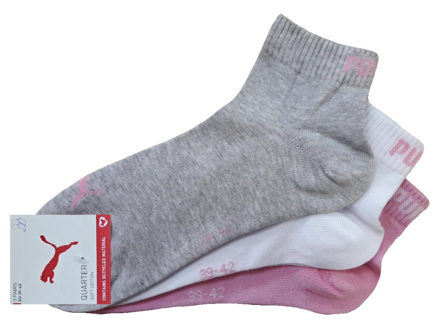 3 Paar Puma Baumwoll Klassik Quarter - Farbset: Mix Rosa/Grau...