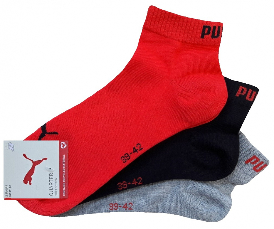 3 Paar Puma Baumwoll Klassik Quarter - Farbset: Mix mit Rot