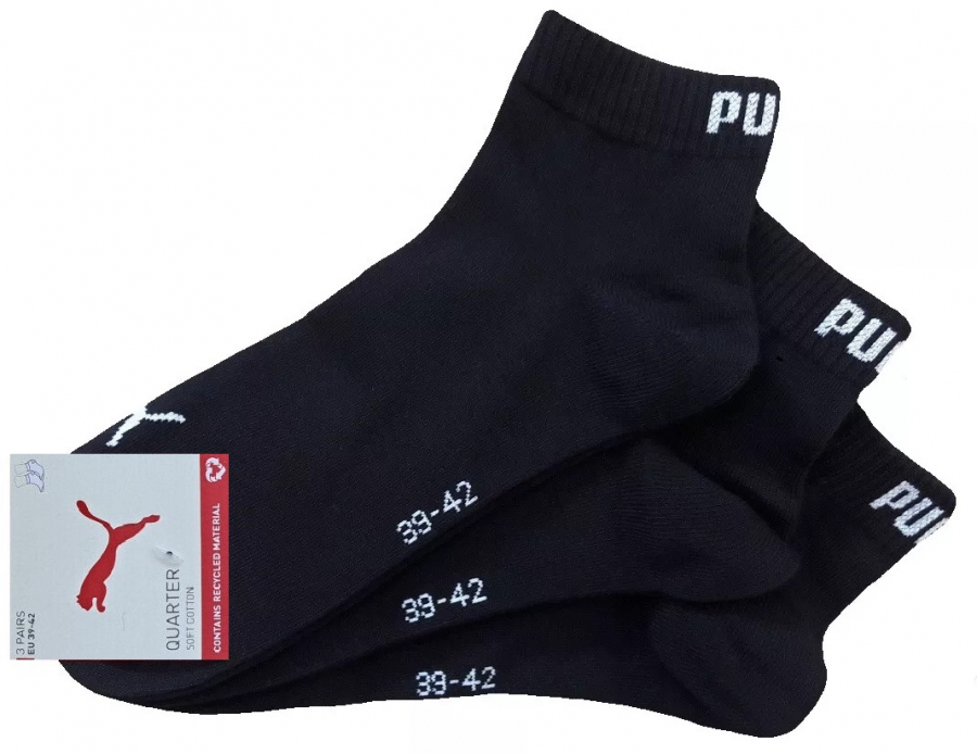 3 Paar Puma Baumwoll Klassik Quarter - Farbset: Uni Schwarz